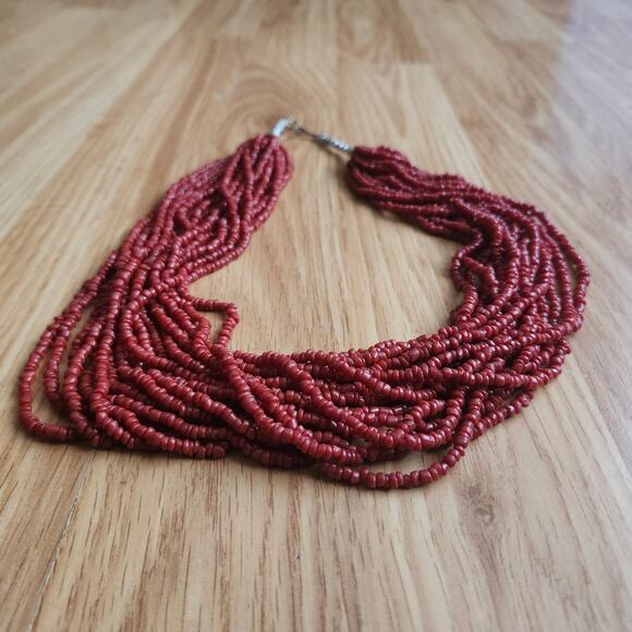 Red 18 Strand Seed Bead Bib Necklace 22" Boho Valentine Statement Collar Layered - Picture 8 of 8